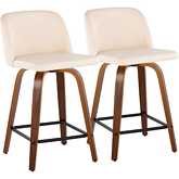 Toriano 24" Swivel Counter Stool in Walnut Wood & Cream Leatherette with Black Footrest (Set of 2)